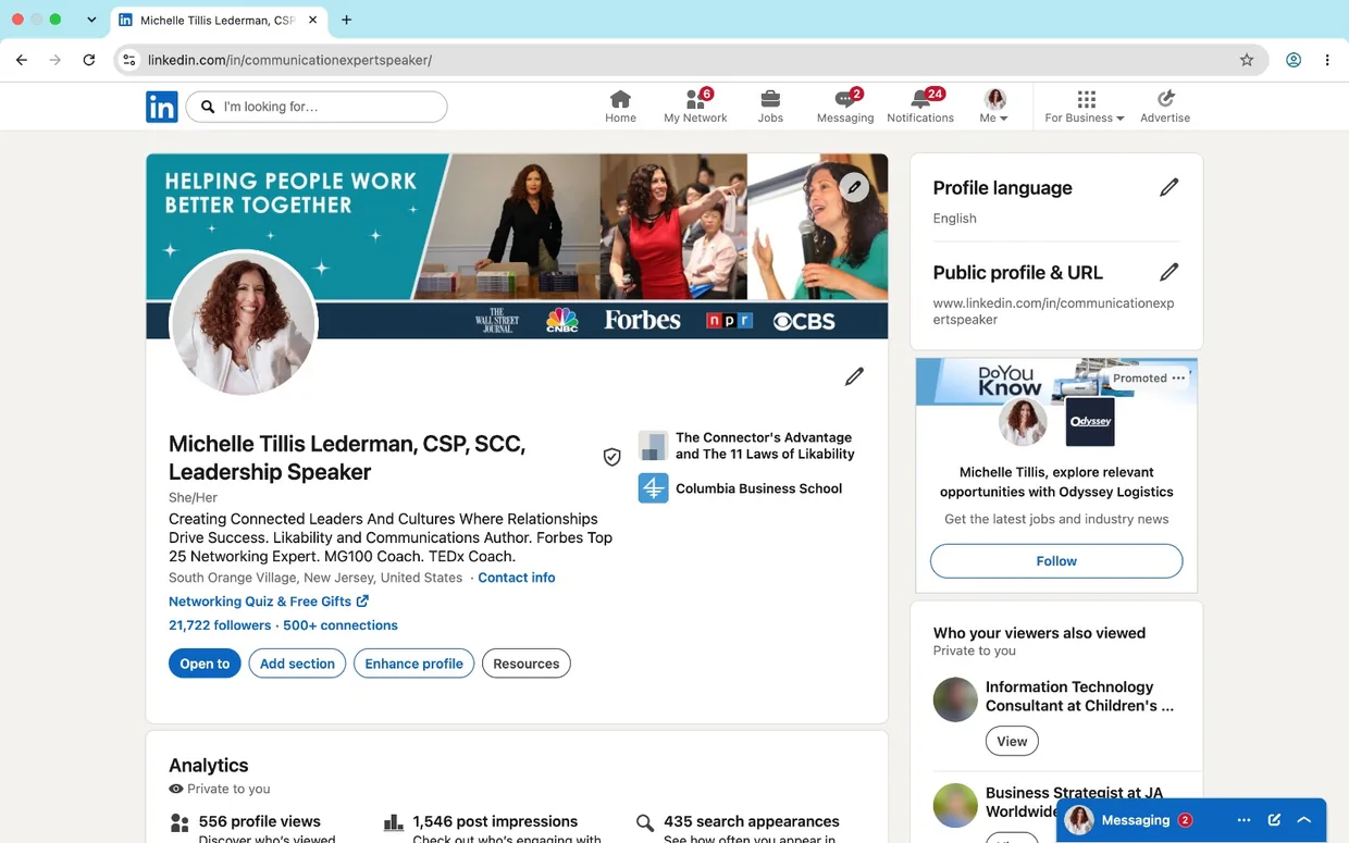 Current LinkedIn profile of Michelle Tillis Lederman showing 21,722 followers