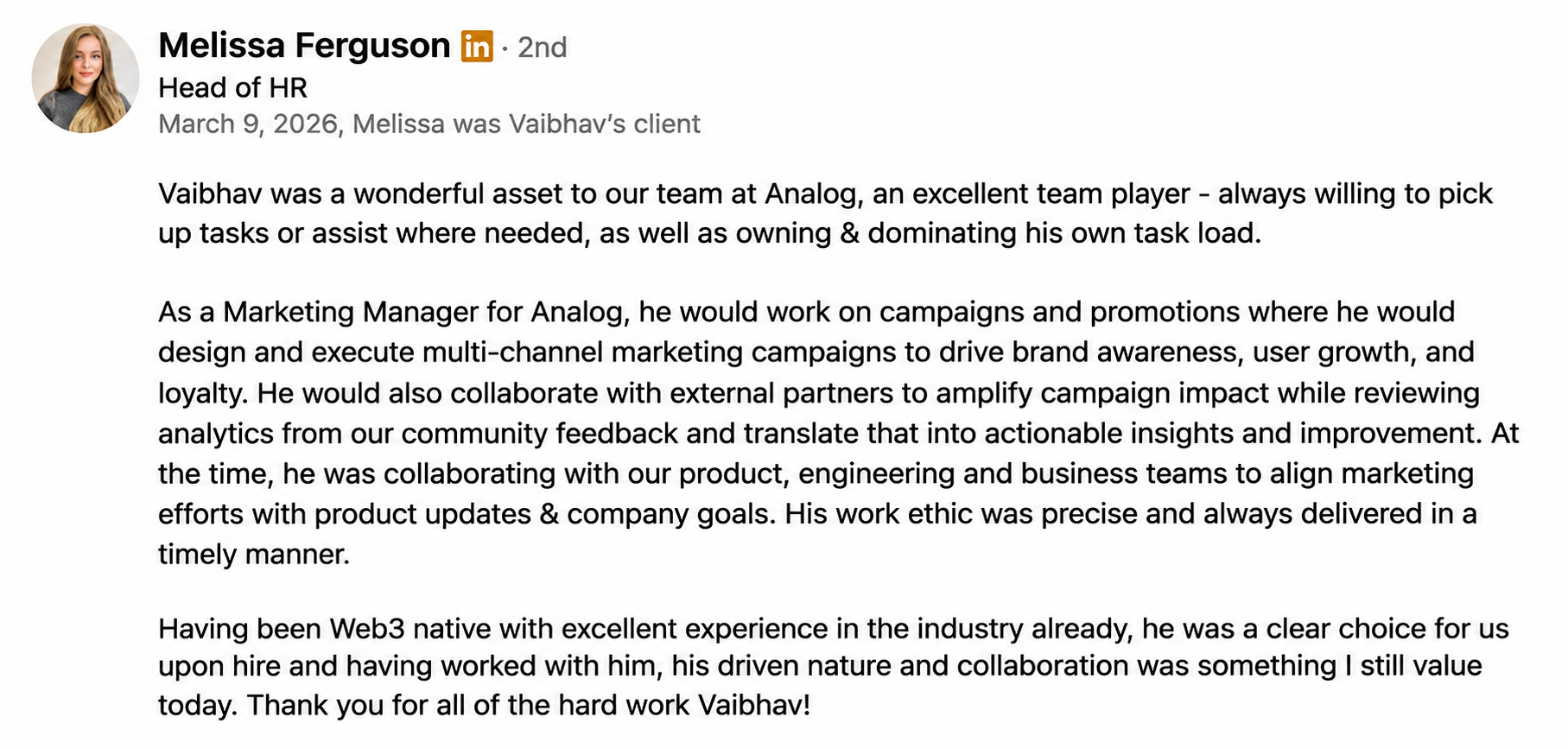 LinkedIn recommendation written by Melissa Ferguson