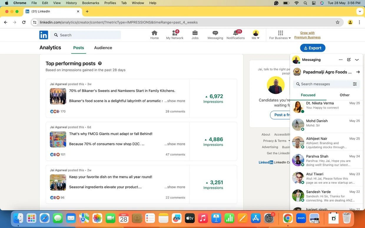 Summary dashboard of top performing LinkedIn posts for Jai Agarwal showing reach and engagement
