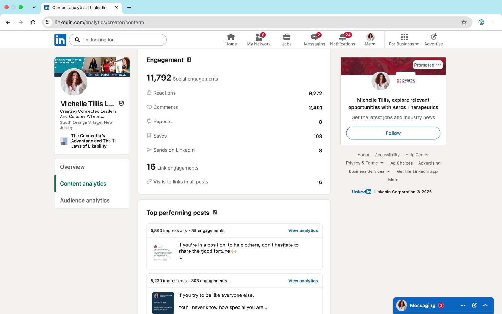 LinkedIn engagement analytics showing 11,792 social interactions