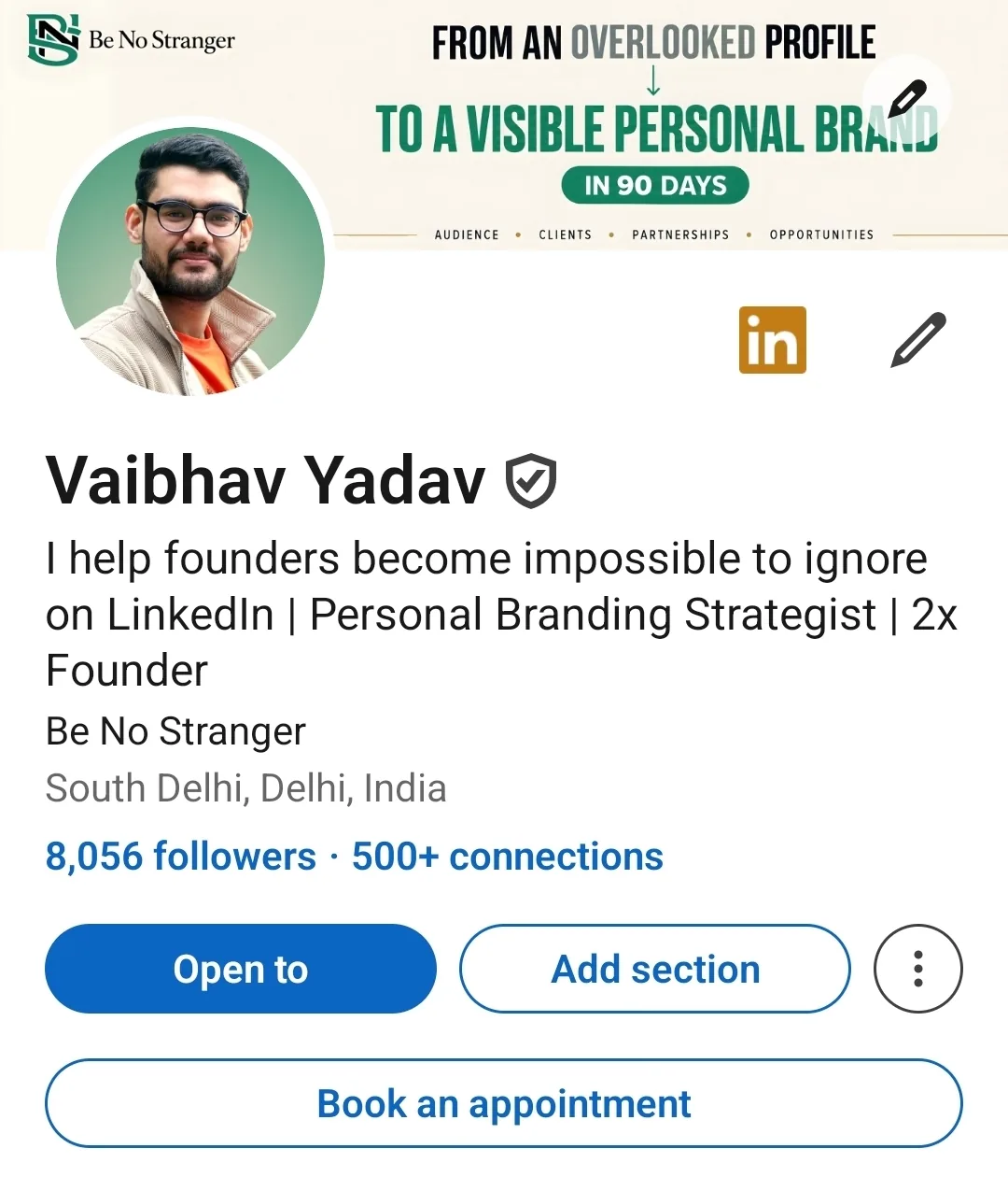 Vaibhav Yadav's LinkedIn profile after the Stranger Test fixes