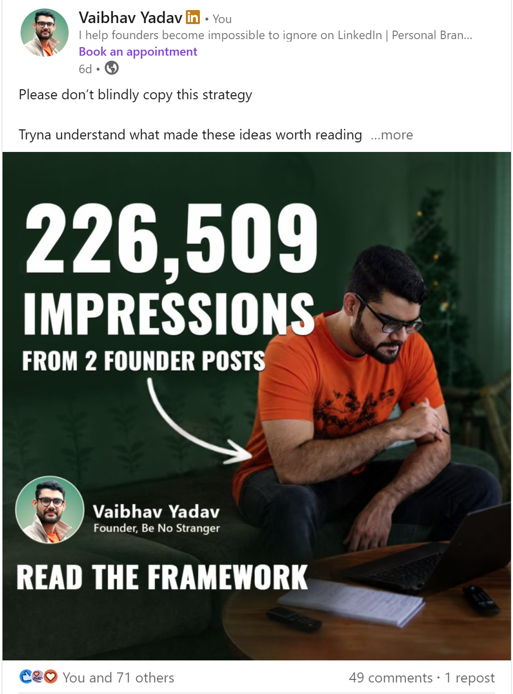 LinkedIn post combining strategic framework with visible results