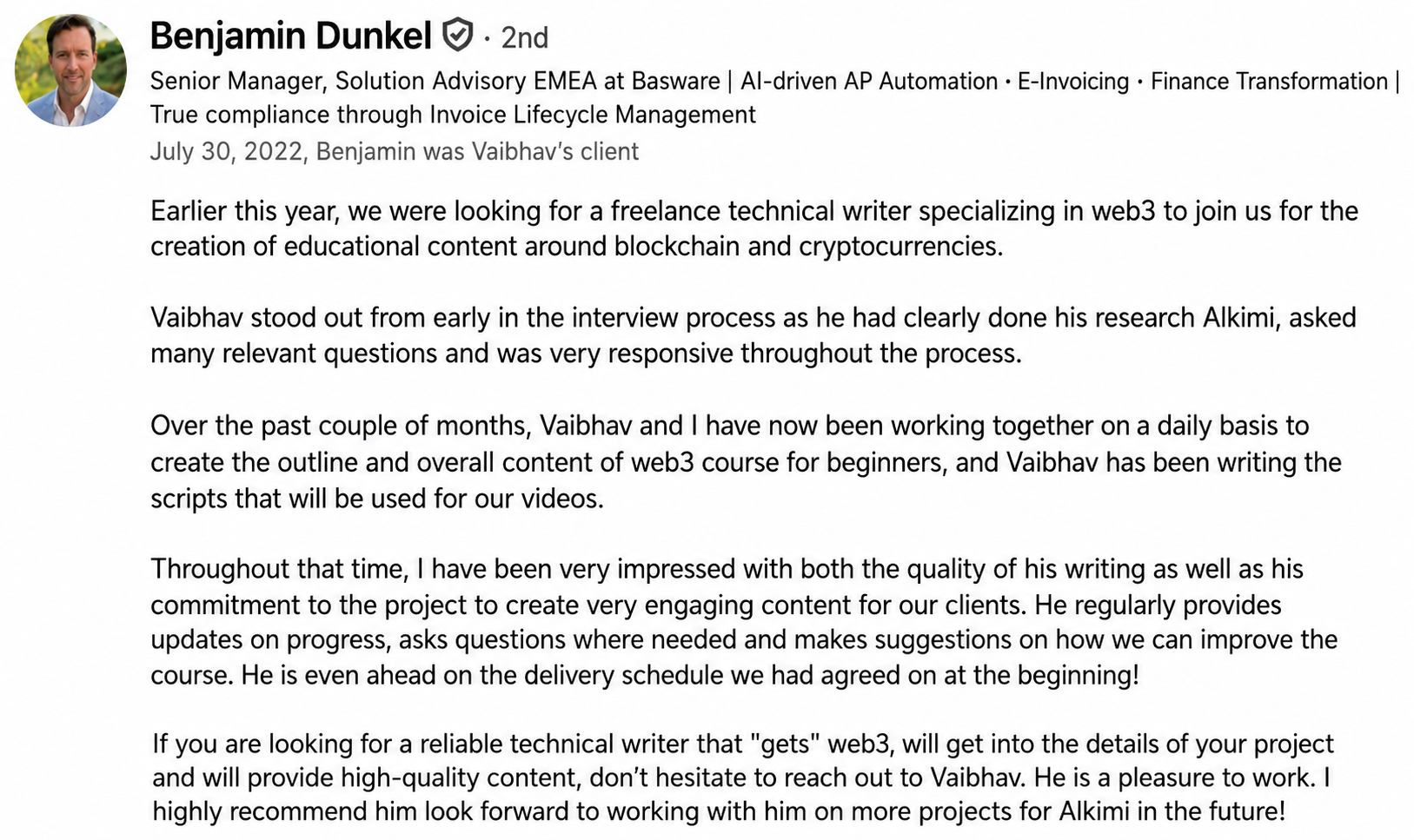 LinkedIn recommendation written by Benjamin Dunkel