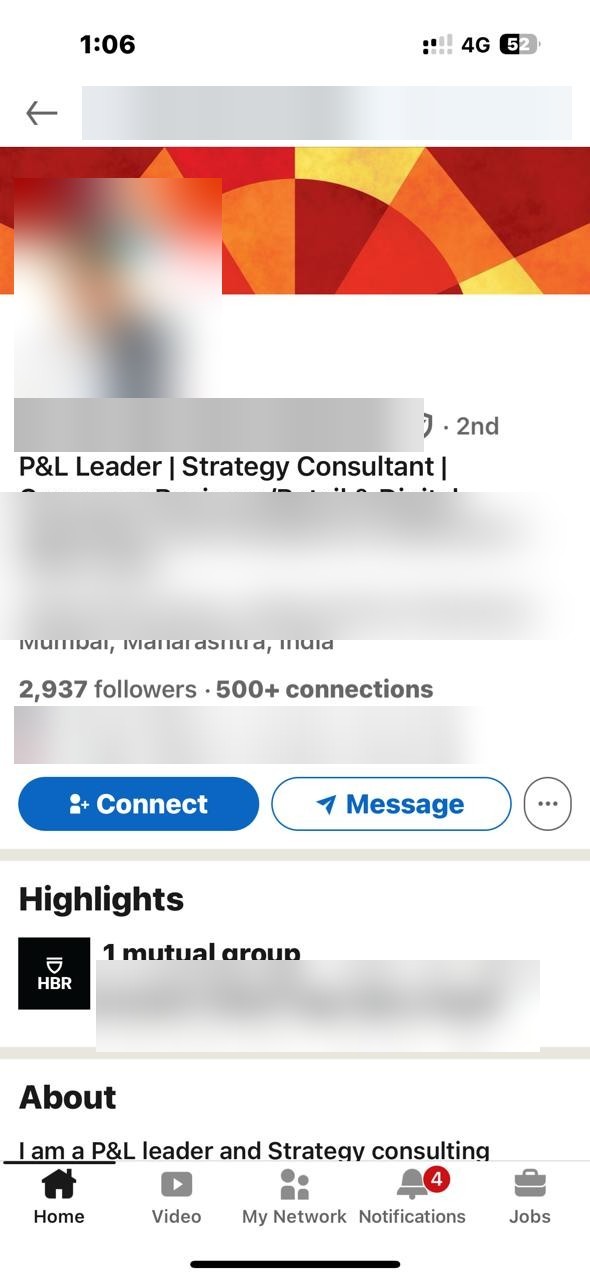 Earlier LinkedIn profile interface showing 2,937 followers