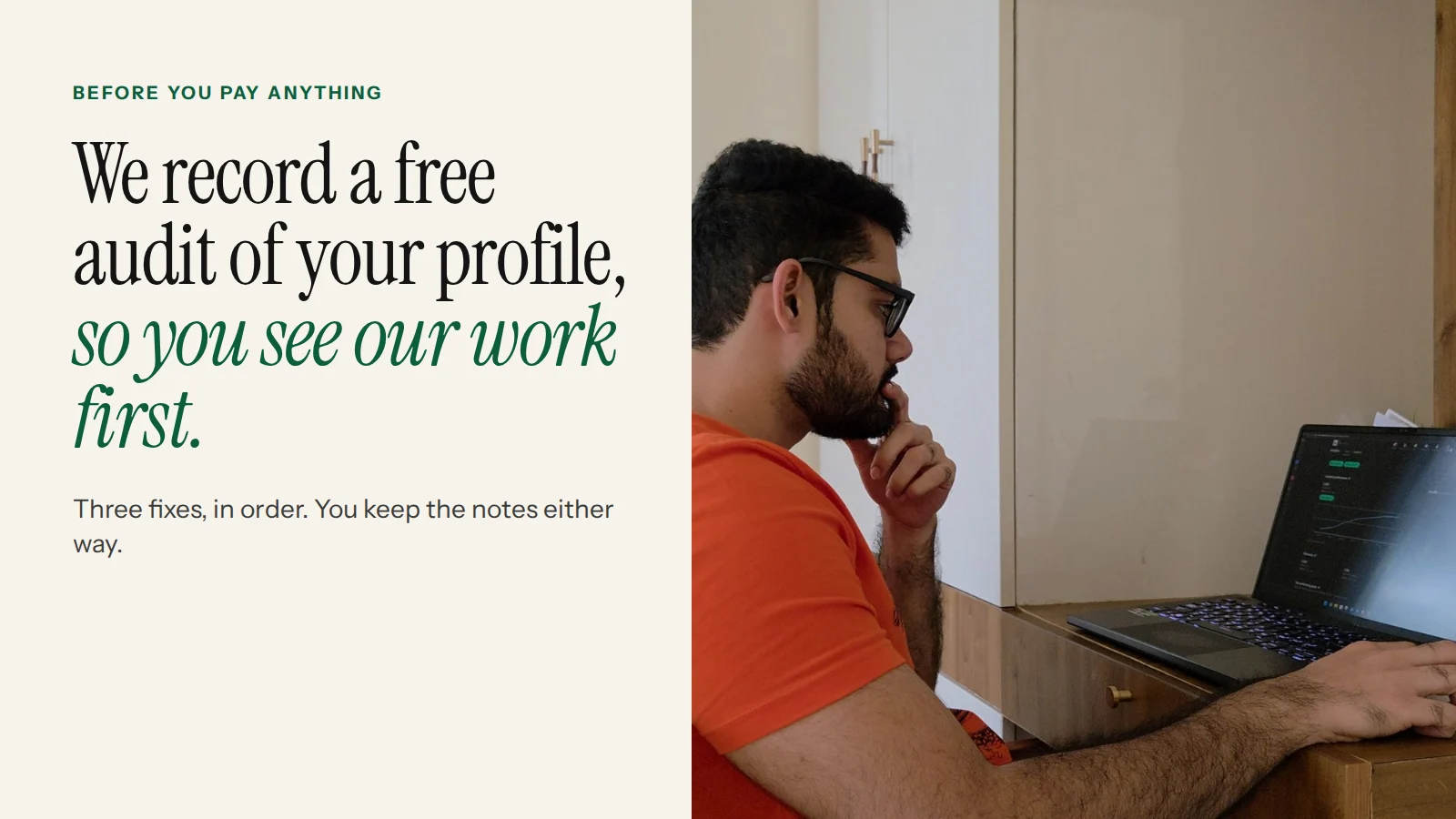 Vaibhav Yadav reviewing a founder's LinkedIn profile on a laptop to record a free audit video