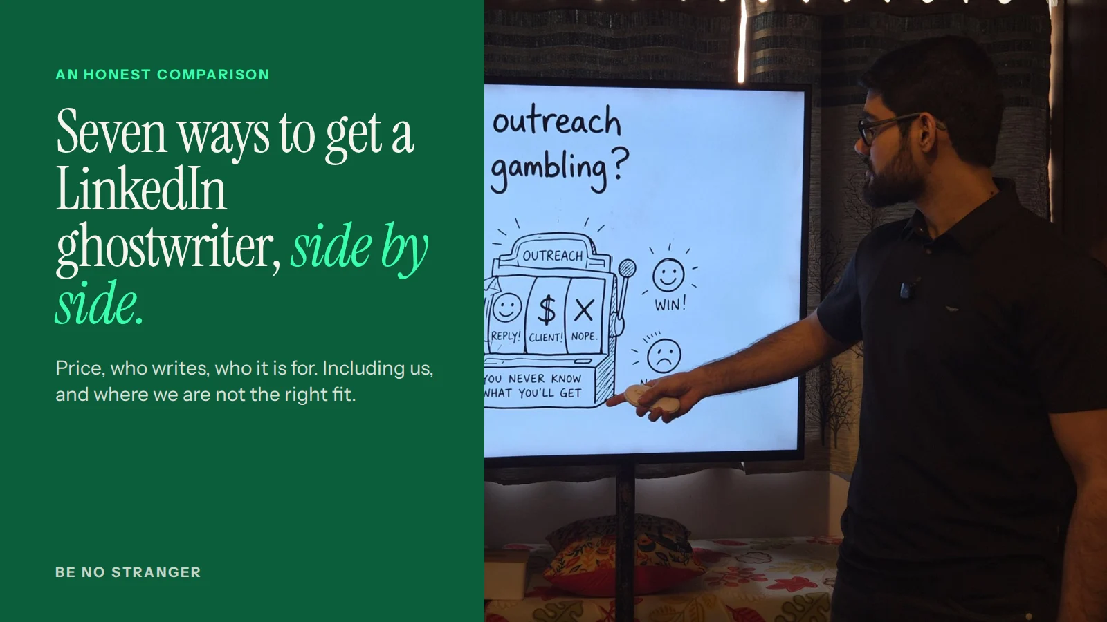 Vaibhav Yadav walking a founder through a strategy slide, the way every BeNoStranger plan begins