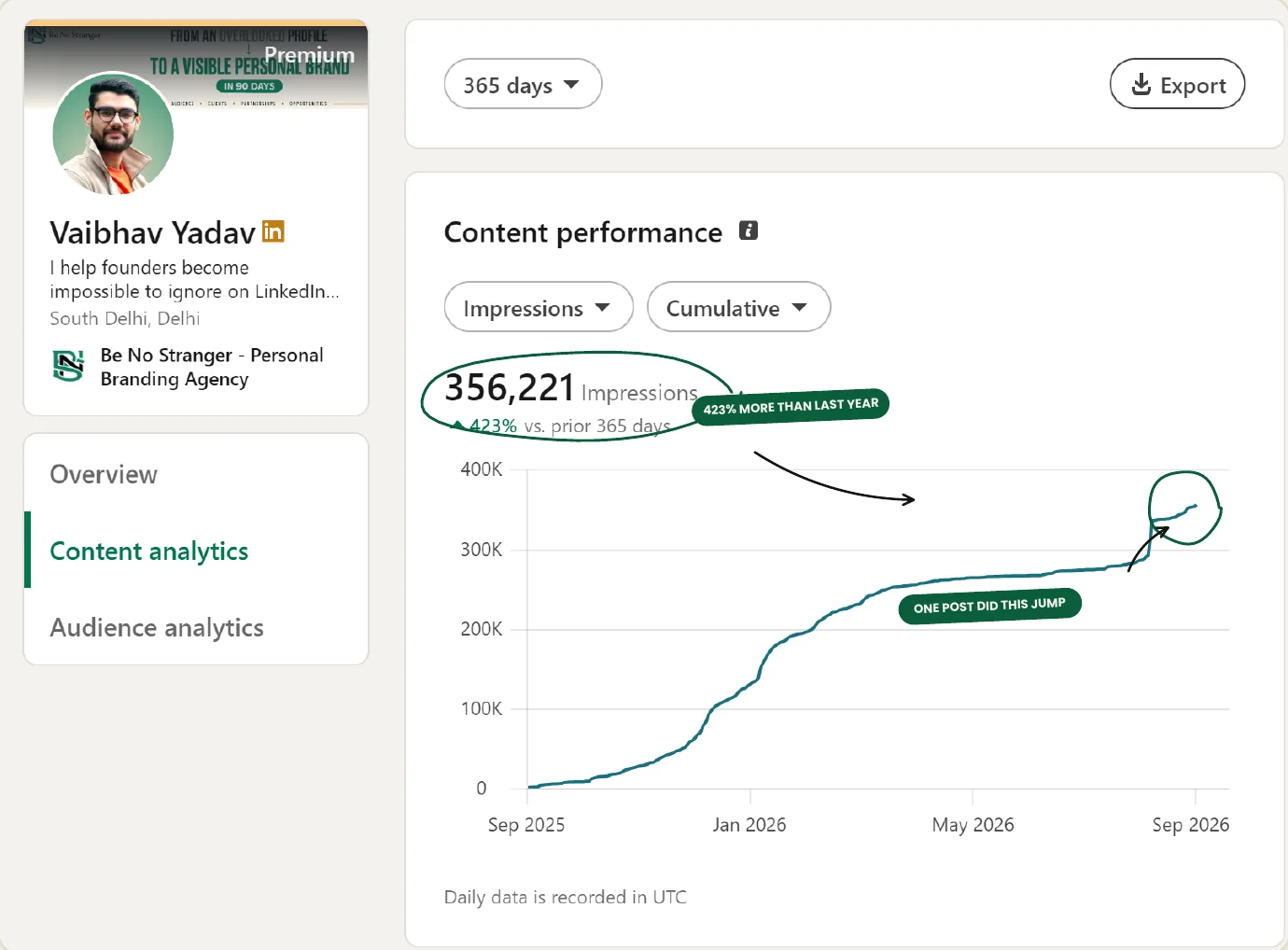 LinkedIn content performance chart showing 356,221 impressions over 365 days