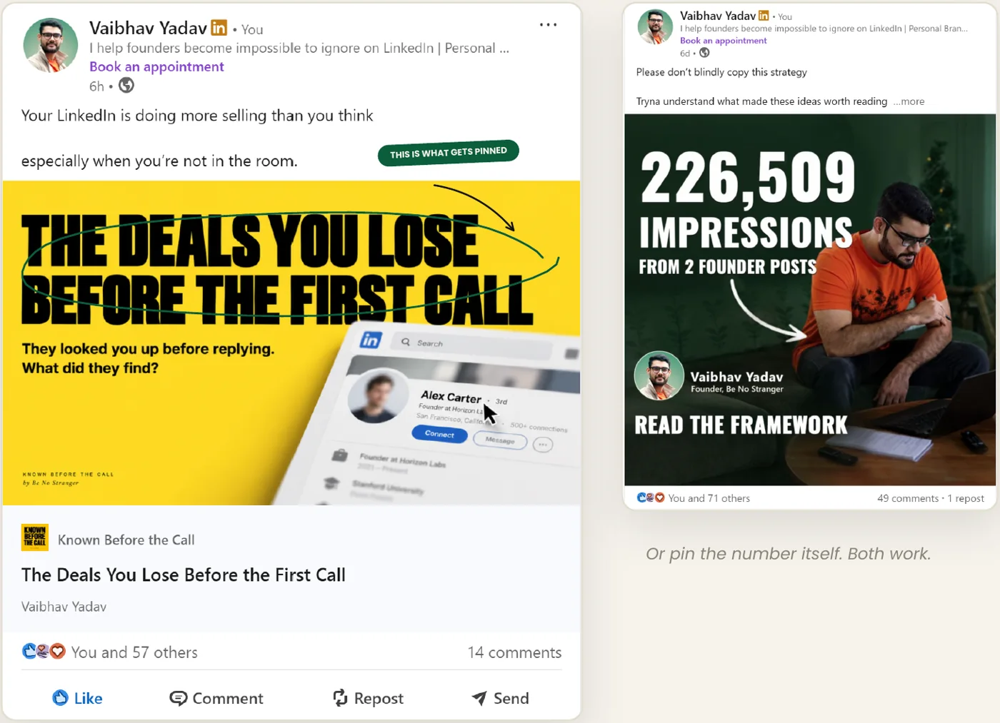 Two pinned posts in a LinkedIn Featured section, one with a hook and one with a result