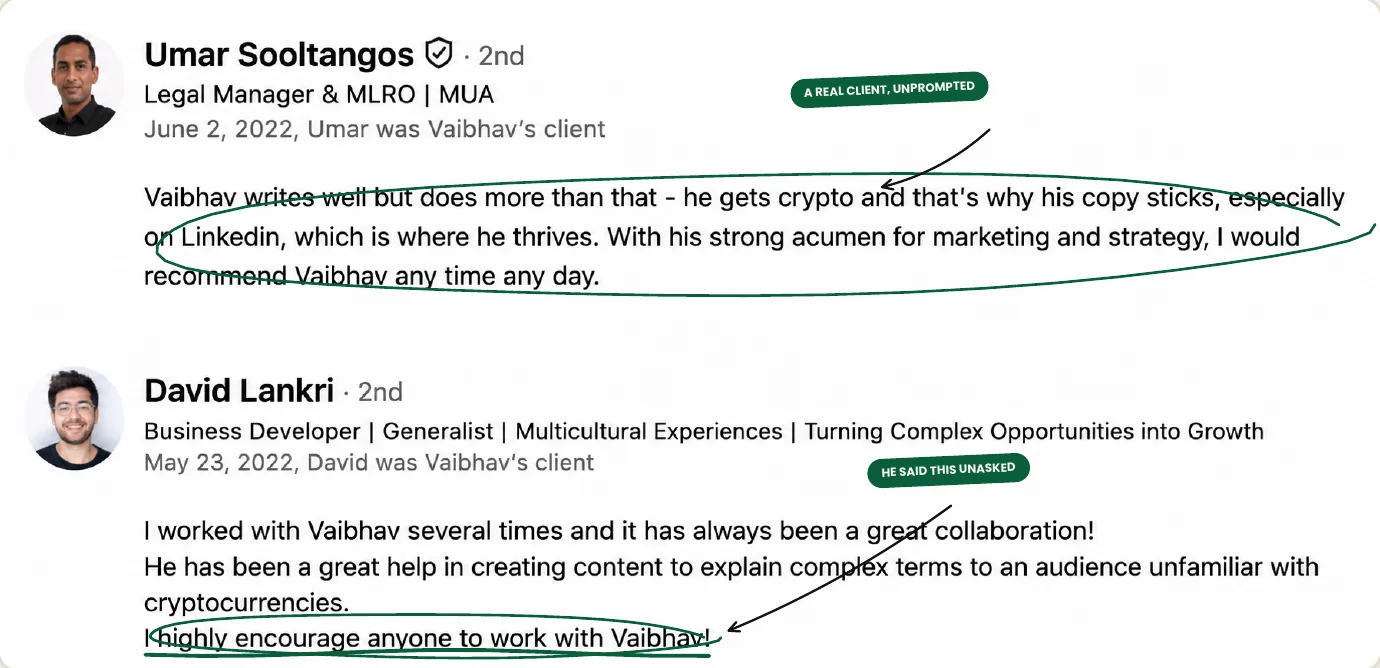 LinkedIn recommendation examples from real clients